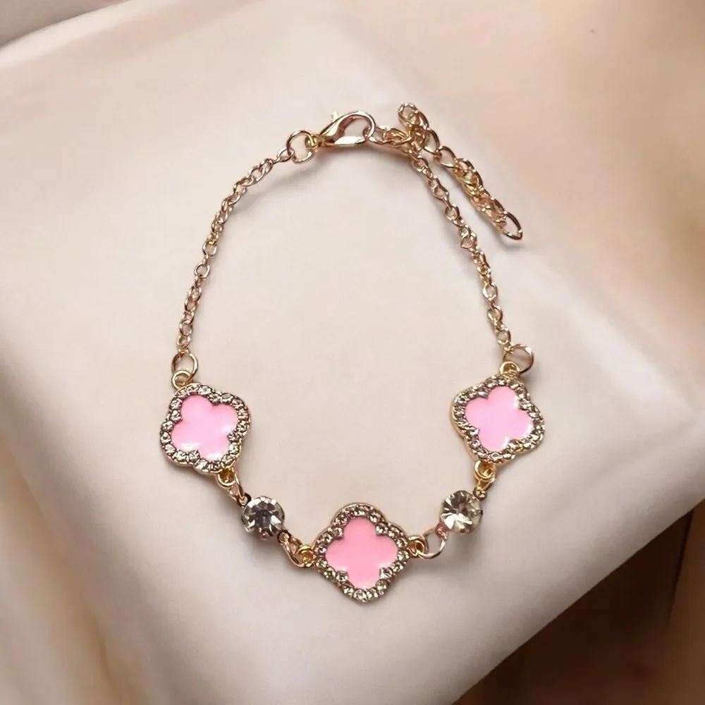 Elegant Pink Clover Rhinestone Gold Tone Bracelet